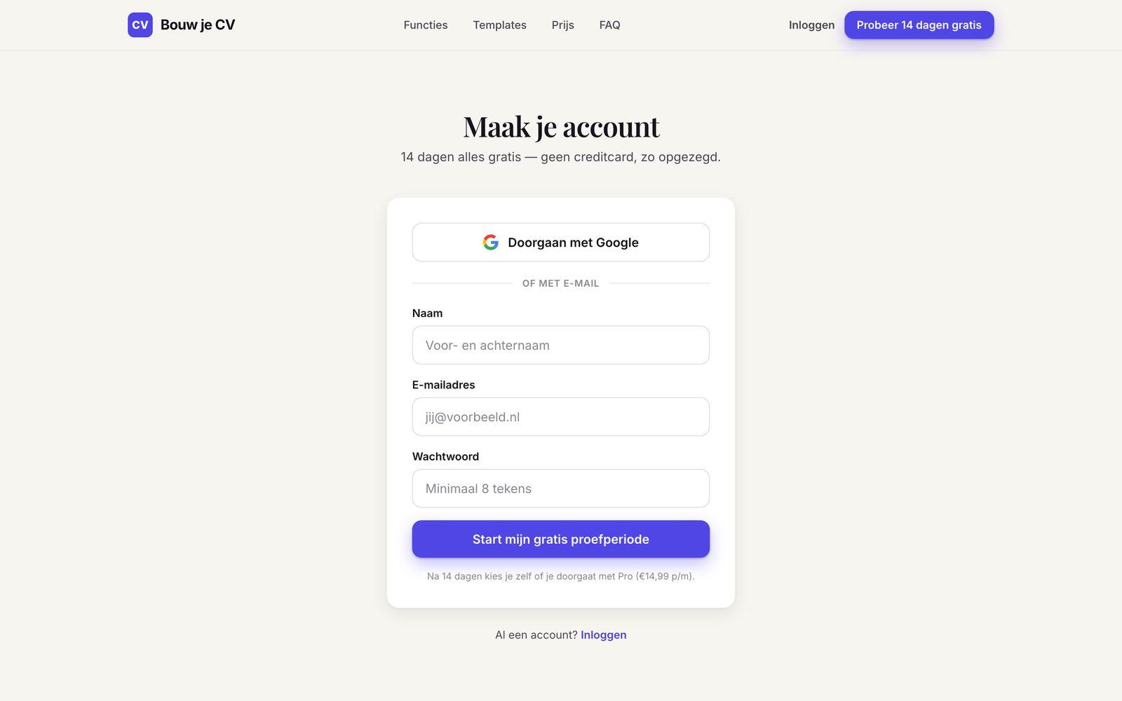 Registratie — e-mail of Google