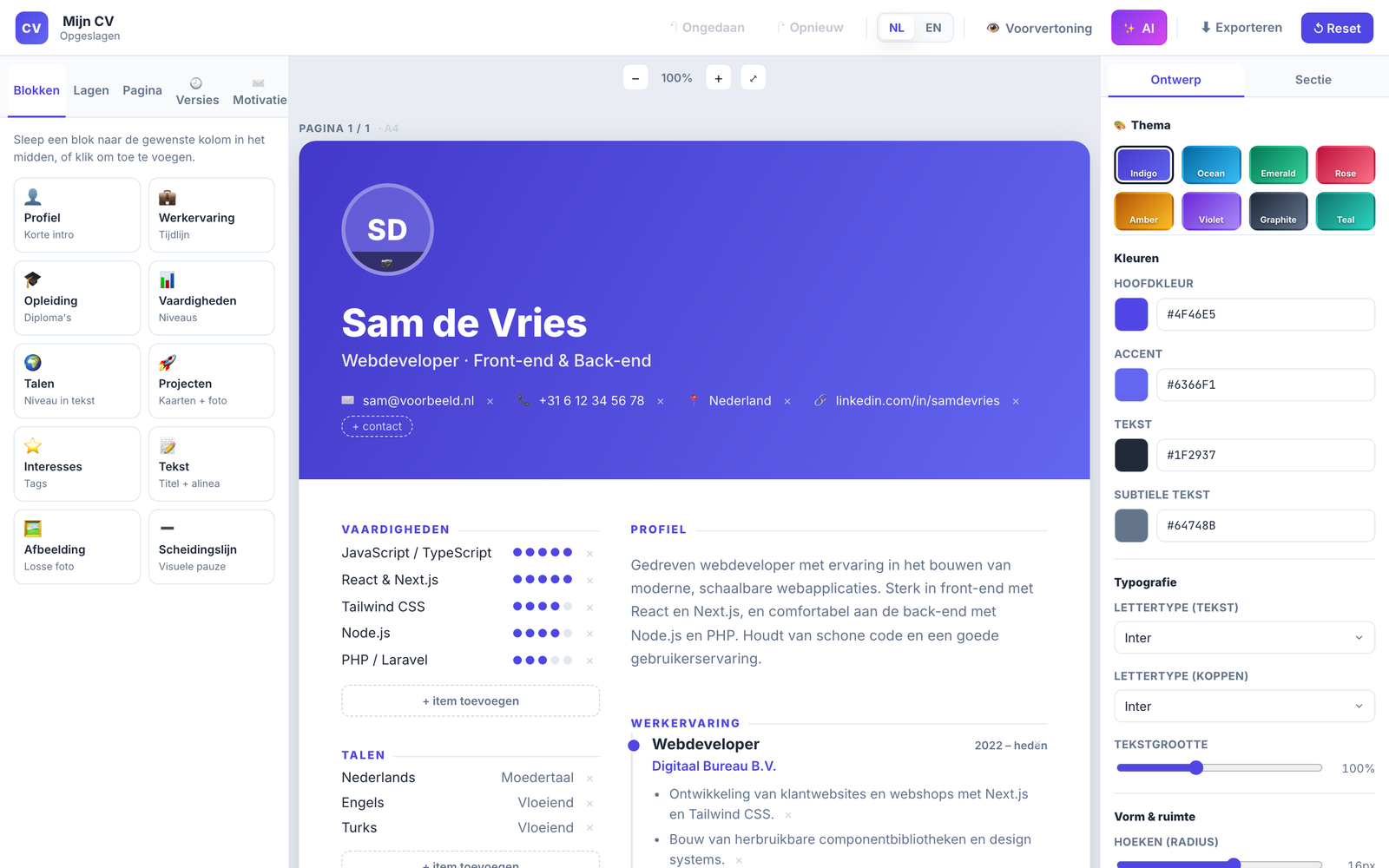 Drag-and-drop editor met live thema-paneel