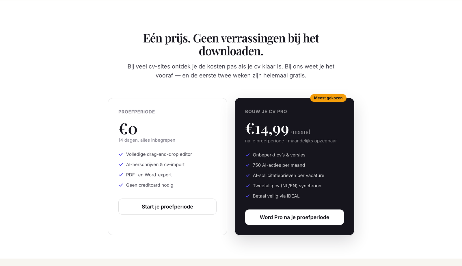 Prijzen — proefperiode naast Pro