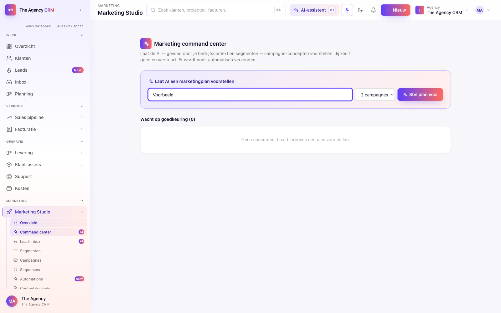 Dashboard — marketing command center (AI)